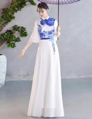 green emerald velvet dress Elegant Black White Mandarin-collar Pearl Embroidered Evening Dress XD028 main image 1