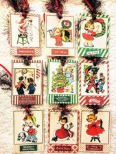 Christmas Vintage Retro Children Cards 9 Gift Hang Tags Parties Scrapbook 429R