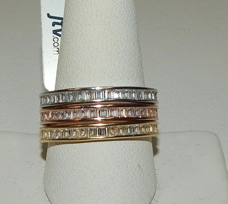 White CZ 18k Rose Yellow Gold Rhodium Over Sterling Silver Stack Bands 11