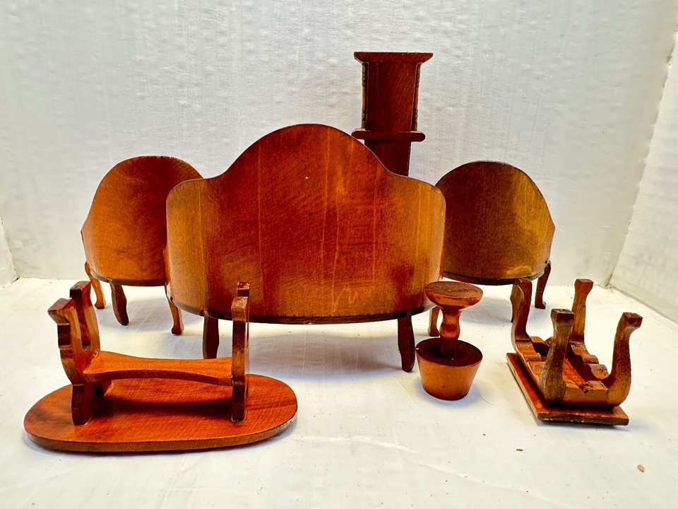 Vtg Dollhouse Living Room Furniture 7 Pc Set Velvet Settee Grandfather