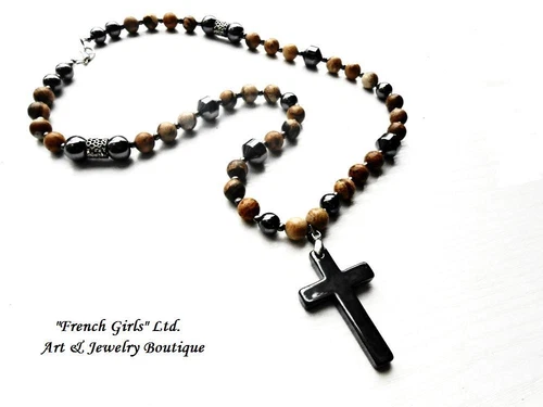 Hematite Jasper Gemstone Mens Crucifix Cross Pendant Necklace Mala Meditation 
