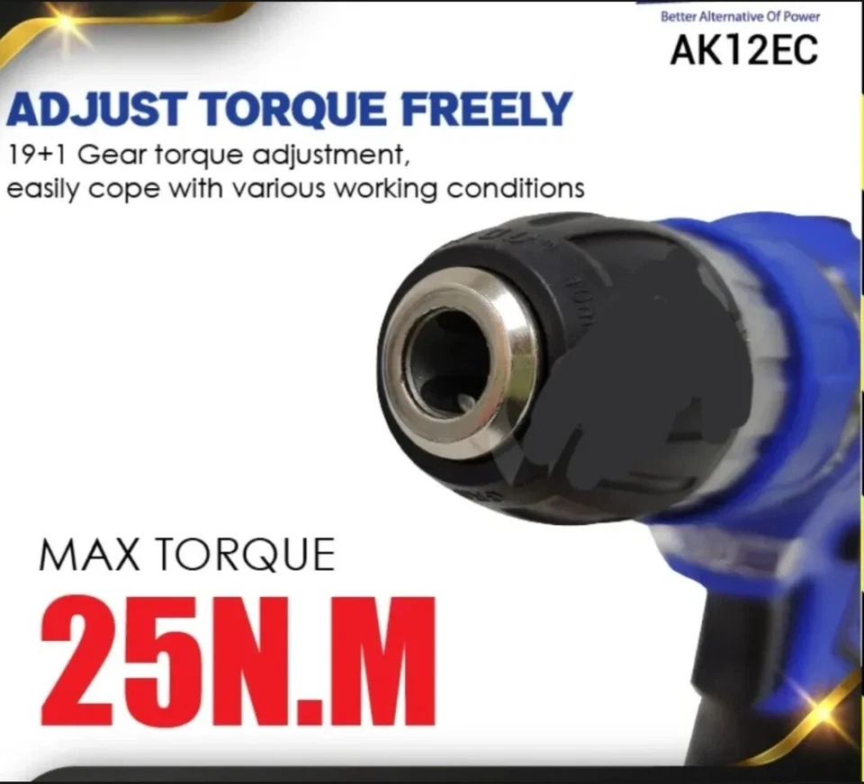 "AKAIDO" 12V 25N.m Torque Cordless Drill AK12EC - 2 Speed With 3 pcs X 12V 2.0Ah - Image 4 of 4