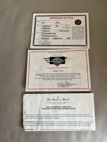 Danbury Mint 1962 Chevy Corvette Convertible 1:24 - w/Box, Title & Paperwork - Picture 12 of 12