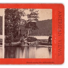 Stereoview of 1870s Adriondack Hunters - 19th Century Canoes in Wilderness