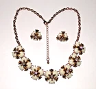 Vintage Inspired 18" Floral Milk Glass & Crystal Statement Necklace & Earrings
