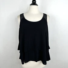 Ann Taylor LOFT Tiered Swing Tank MEDIUM Black Crochet Strap Double Layer Top