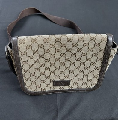 Gucci GG Checkered Brown Messenger Bag Leather Trim Shoulder Strap