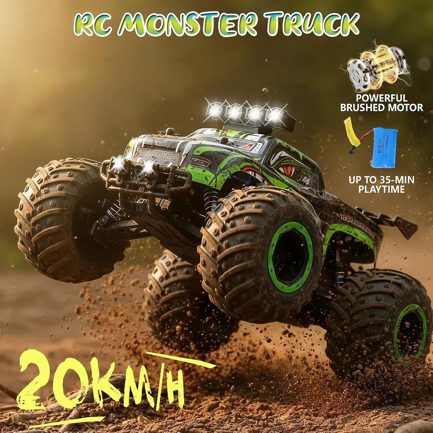 Remote Control Monster Truck for Kids: Off-Road RC Car with Headlights & Body Li