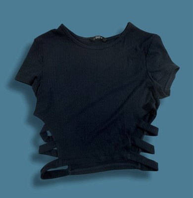 Women's Ribbed Tank Top, Cropped, Racerback, Blue Navy Size: Small Side KeyhoLe