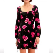 Intermix Black & Pink Floral Silk Long Sleeve Dress Sz 6 Spring Cocktails