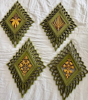 1964 Set Of 4 Dart Syroco Ornate Openwork Flower Wall Plaques Avocado/Gold RARE