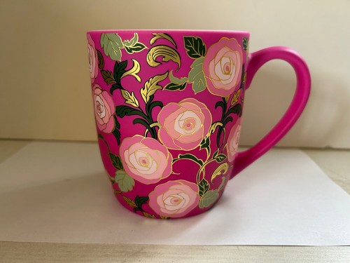 NEW Petal & Pearl Soft Touch Mug Bright Pink Roses GoldLeaves Beauty Beast Look