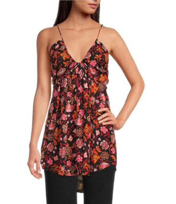 Free People Pixie Floral Print V-Neck Sleeveless Tie Open Back Tunic Top S NEW