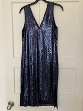 BNWT MANGO Navy Blue Midnight Sequin V Neck Party Dress U.K. 8 EUR S