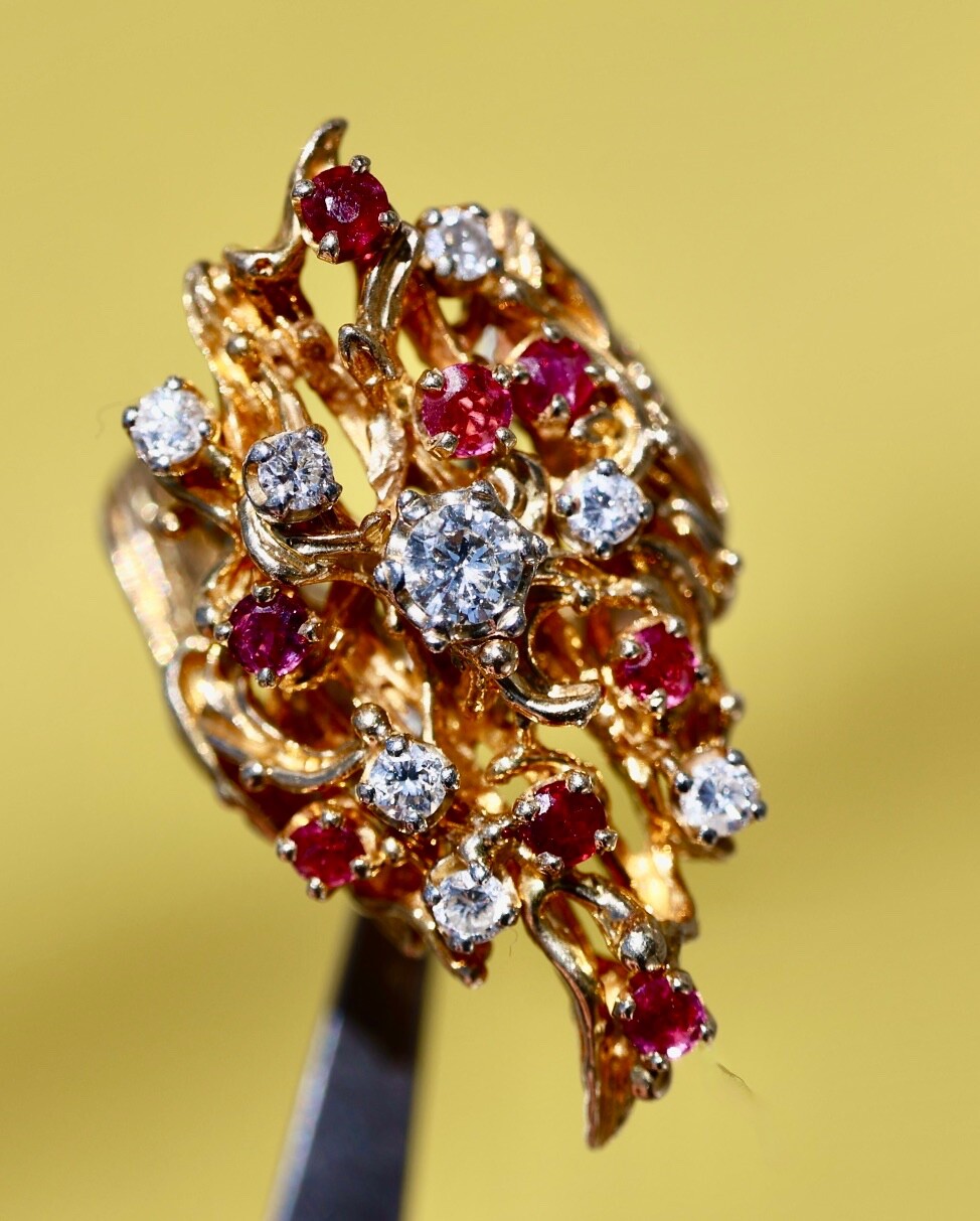 14K 585 SOLID YELLOW GOLD RUBY DIAMOND CLUSTER AR… - image 6