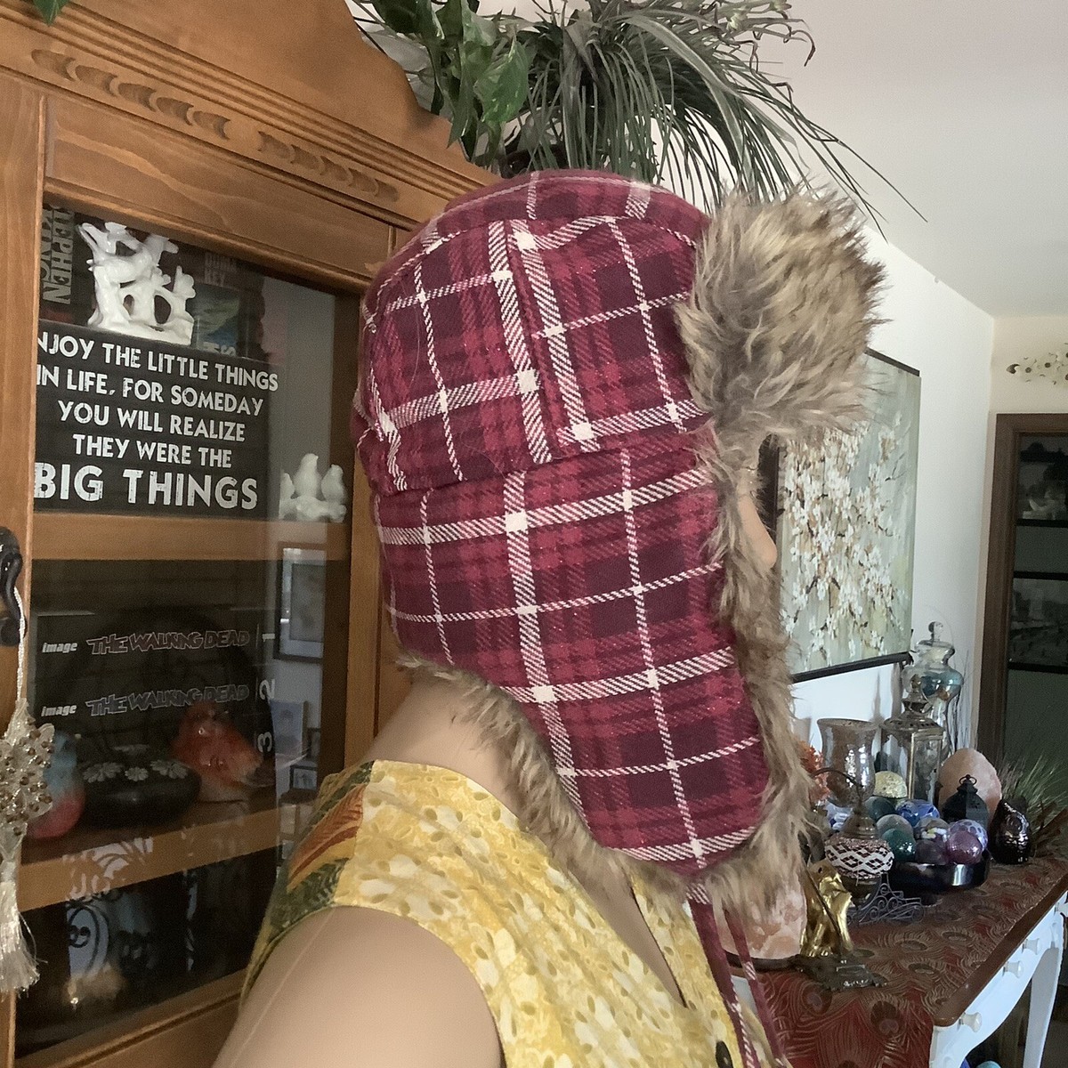 Women's Pink Plaid Faux Fur Winter Hat Ear Flaps Trapper Med UK