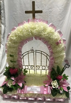 Funeral Flowers Gates of Heaven Artificial Silk Wreath Memorial Tribute Mum Dad