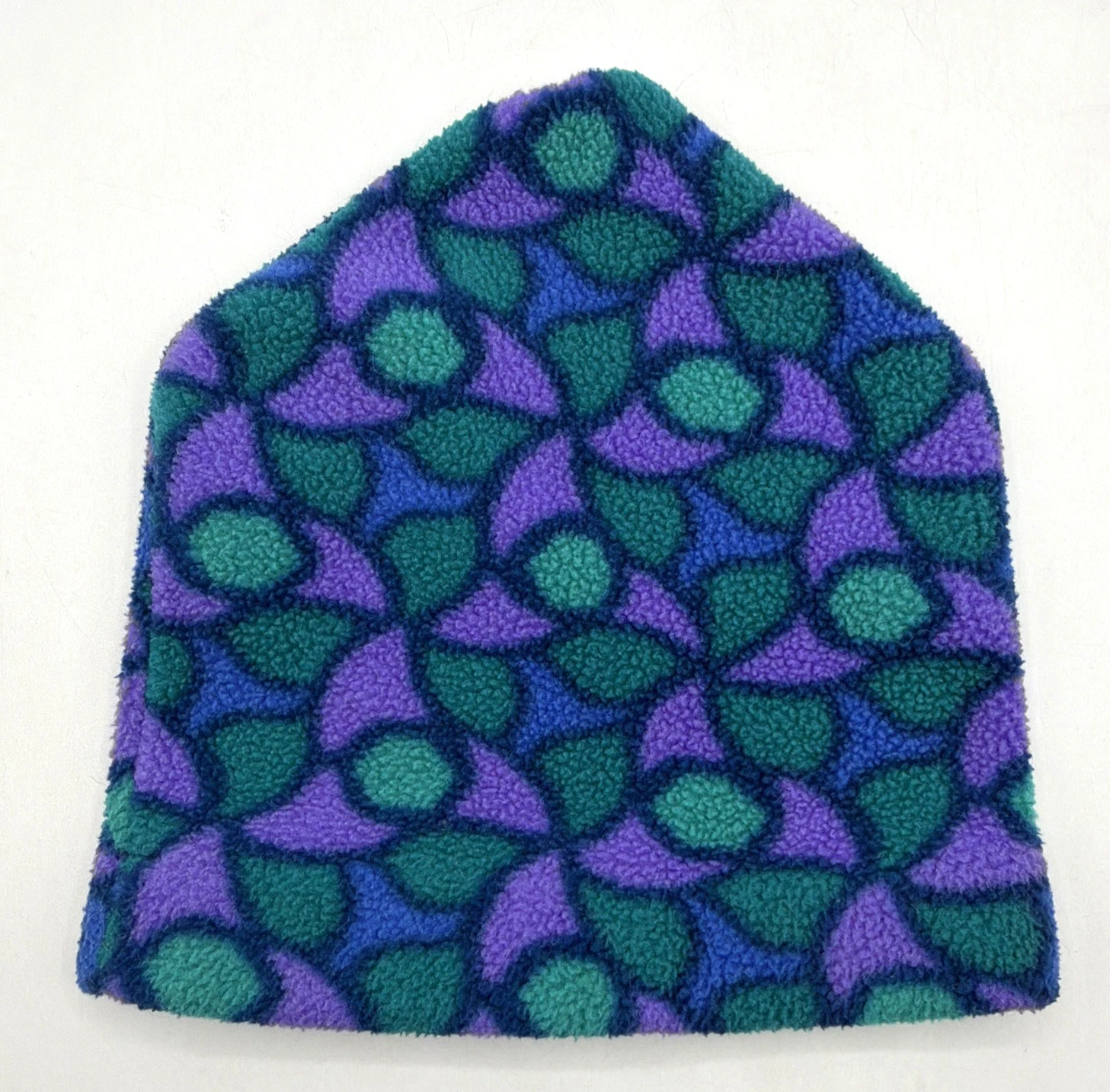 VTG Lands End Fleece Beanie Hat XS/S Geometric Print Purple Green Blue mosaic