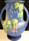 ROSEVILLE Blue Fuchsia 898-8" Vintage ART POTTERY Circa 1938 Handled VASE (Read)