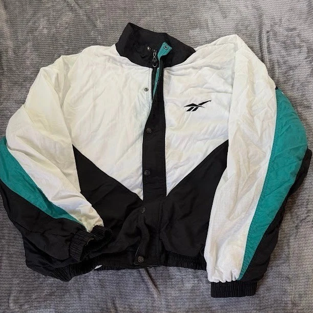 Vintage Reebok Windbreaker Jacket 2XL White Black Teal Colorblock 90s Vector.