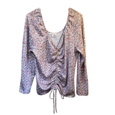 BKK CHANCE Womens 2X Pink Floral Ruched Drawstring V Neck Long Sleeve Top