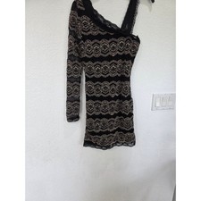 Black Gold Lace One Shoulder Long Sleeve Mini Dress Party Sexy