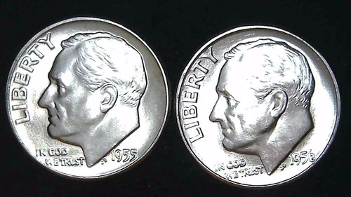 1955  1956-P  10C Roosevelt Dime (2  Coins) BU 90% Silver 26ctt0111-5