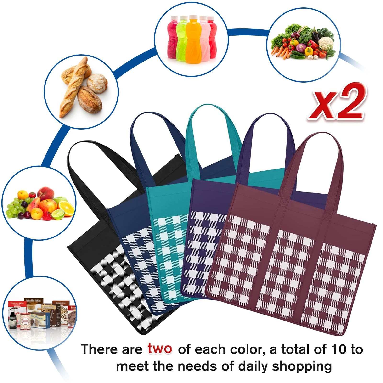 Reusable Grocery Shopping Bags 10 Pack Large Foldable Tote Bags Bulk Long Han...