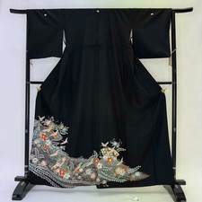 Japanese Kimono polyester wedding kimono Black tomesode "kurotomesode" 4965
