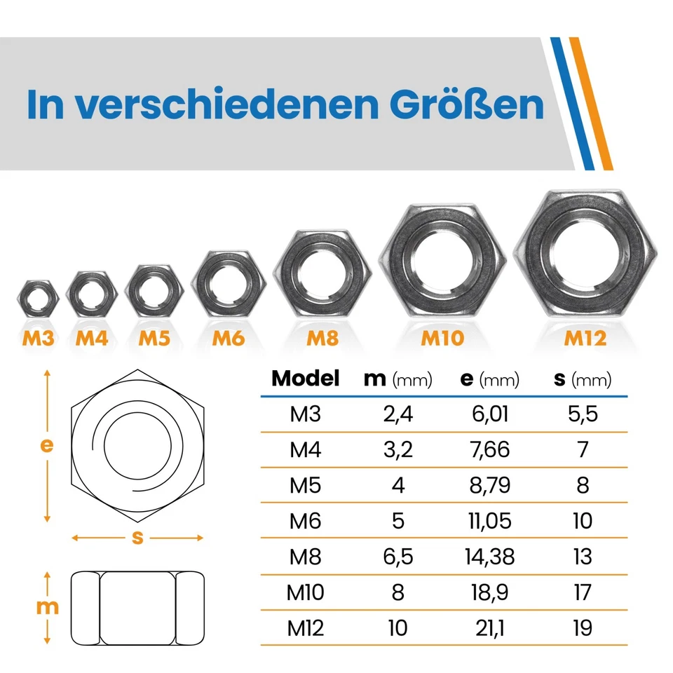 Sechskant-Muttern DIN 934 Edelstahl A2 V2A Rostfrei M2 M3 M4 M5 M6 Bis M16 - Bild 4 von 4