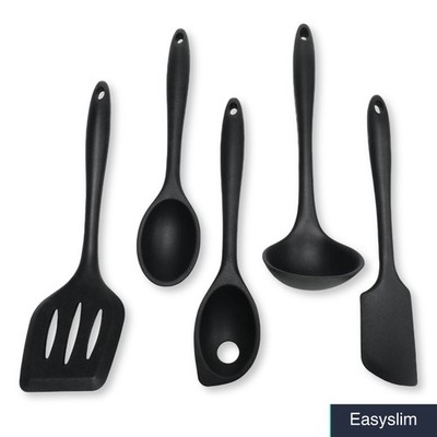 Silicone Kitchen Utensil Set 5 Piece Black Steel Heat Resistant