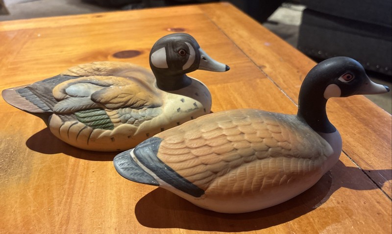 Vtg Hand Painted Ceramic Duck Figurine Set Of 2 9” Canadian Goose & Wood Duck 9”