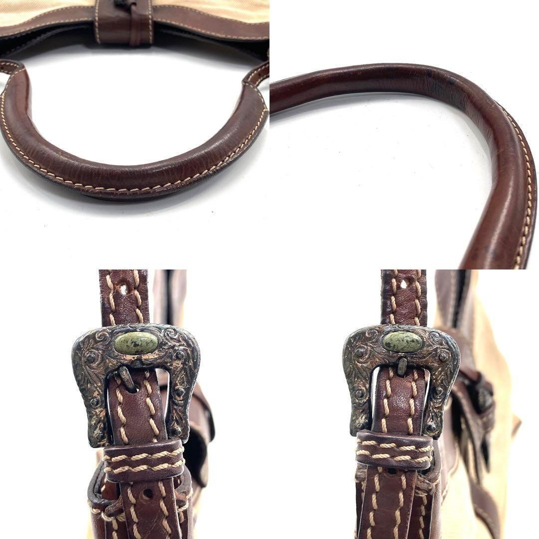 Valentino Garavani Canvas Leather Shoulder Bag Brown Beige Damaged Condition Ja thumbnail 8