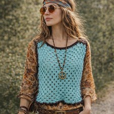 Vintage Crochet Granny Vest Tank Blue Brown Trim Handmade Sleeveless