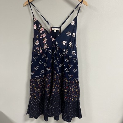 Paani Navy Tiered Folk Mini Dress Rayon India Sleeveless M Babydoll Boho Pockets