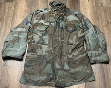VTG US Military Cold Weather Field Jacket Mens M Long Woodland Camo Distressed