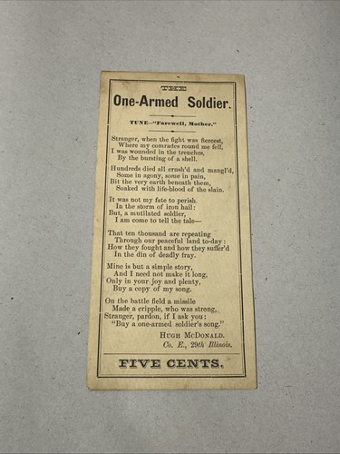 Civil War Ephemera 29th Illinois Disabled One Armed Soldier Poem Hugh McDonald