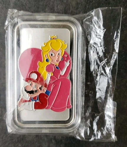 Bullion Traders 1oz Silver Enamelled Mario and Princess Peach Bar in a Capsule