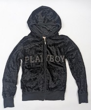 Vintage Y2K Playboy Velour Hoodie Black Full Zip Rhinestone Bunny Size S