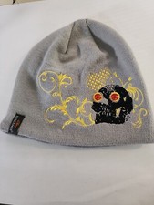 Screamer Women s blue acrylic beanie hat W/ Yellow Floral Black Skull EUC