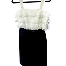 Tahari Womens Petite Sheath Dress Black White Satin Ruffle Polka Dot $138 2P