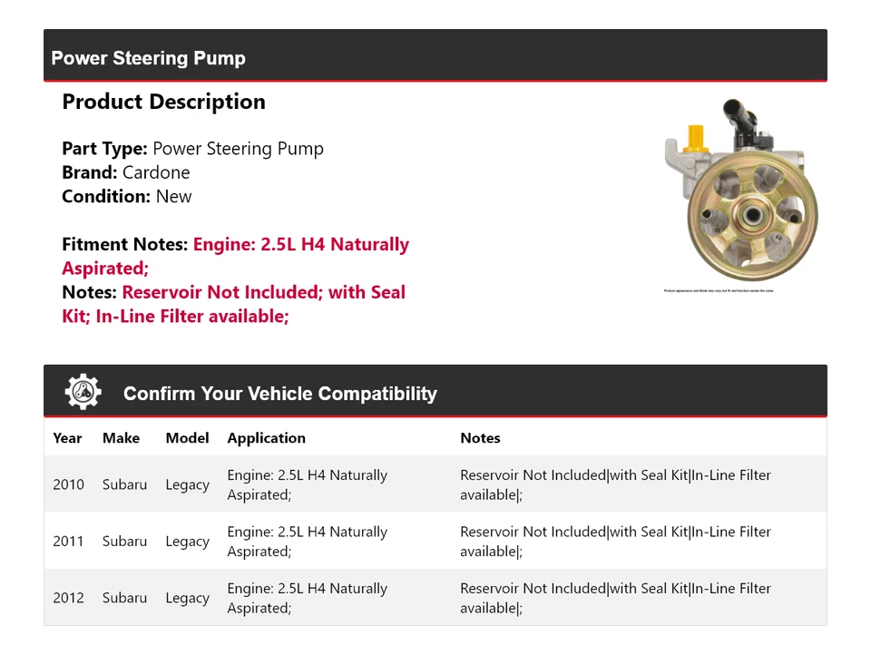 Bomba de dirección asistida de aspiración natural Cardone para Subaru Legacy 2010-2012 2,5 L Foto 2 de 4