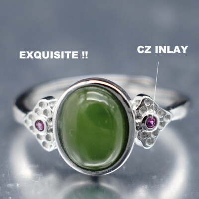 MENDEL Womens Sterling Silver Genuine Grade A Green Jade Ring Size 6 7 8 9 10