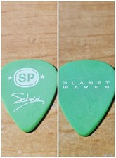 Simple Plan 2002 tour used Sebatian Lefebvre white on Green Band Guitar Pick Pic