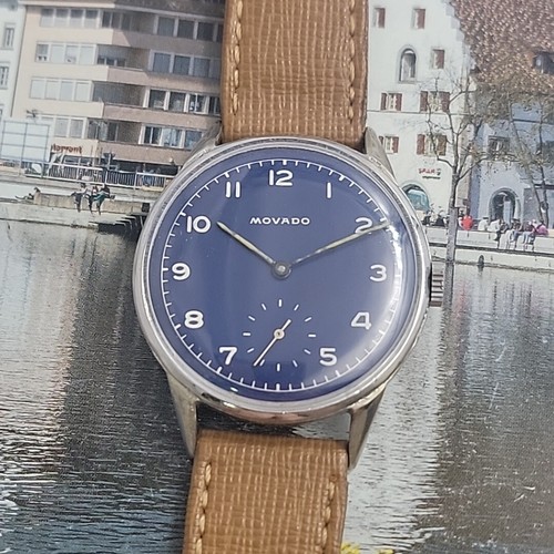 Vintage Movado cuerda manual esfera azul, excelente estado de funcionamiento 35 mm banda nueva - Imagen 3 de 9