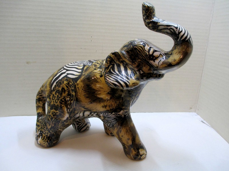 La Vie Safari Print Elephant Statue Figurine Jungle Animal Patchwork Trunk Up