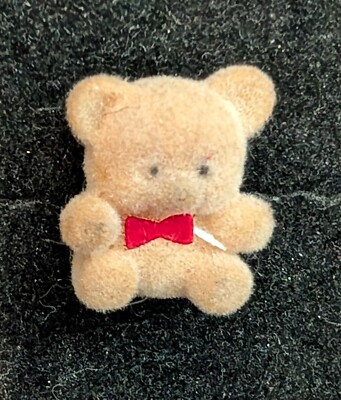 Vintage Fuzzy Flocked Teddy Bear with Red Bowtie Pin, Small Brown Size 1