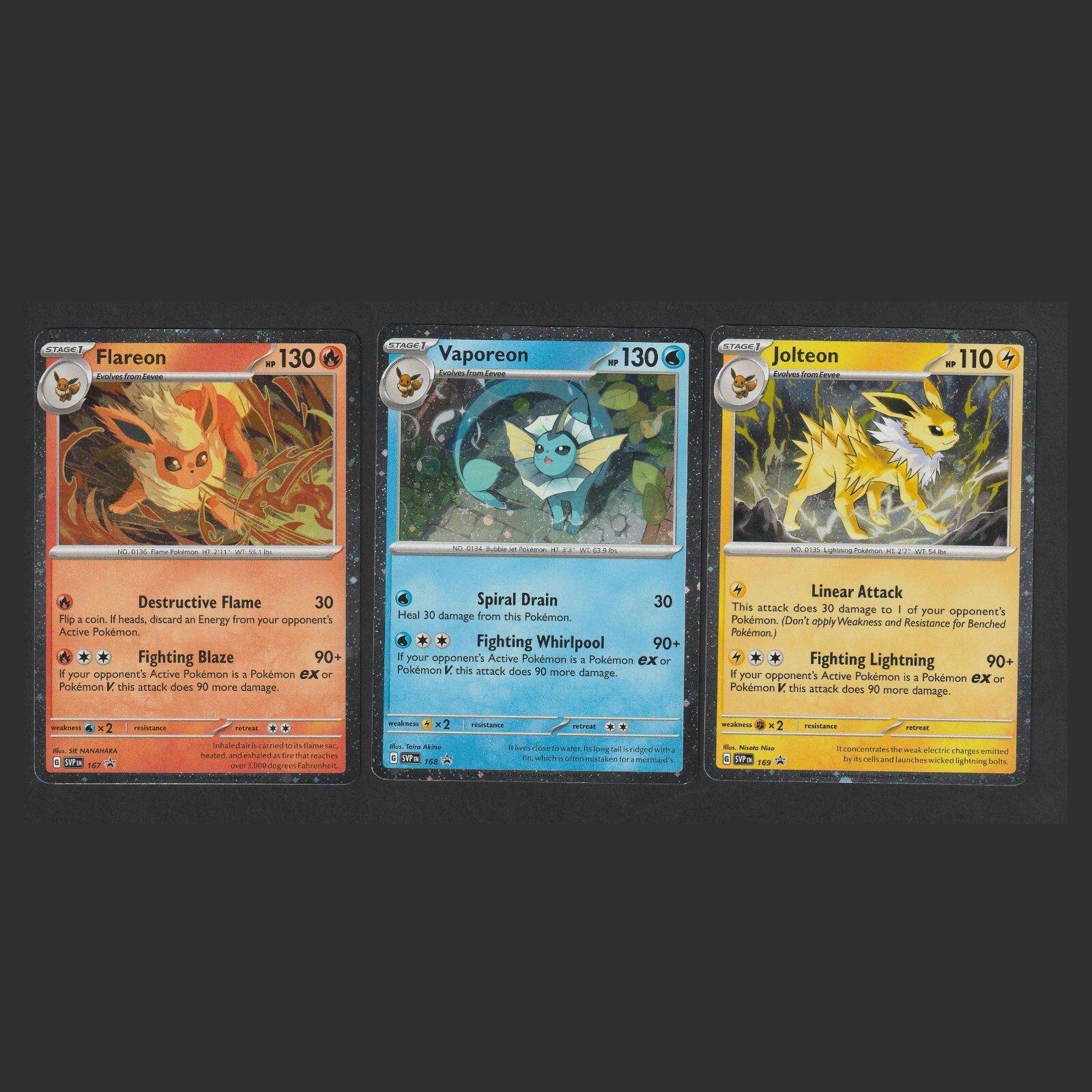 Flareon Jolteon Vaporeon Pokemon Card Set of 3 English Cards 167 168 169 Promo