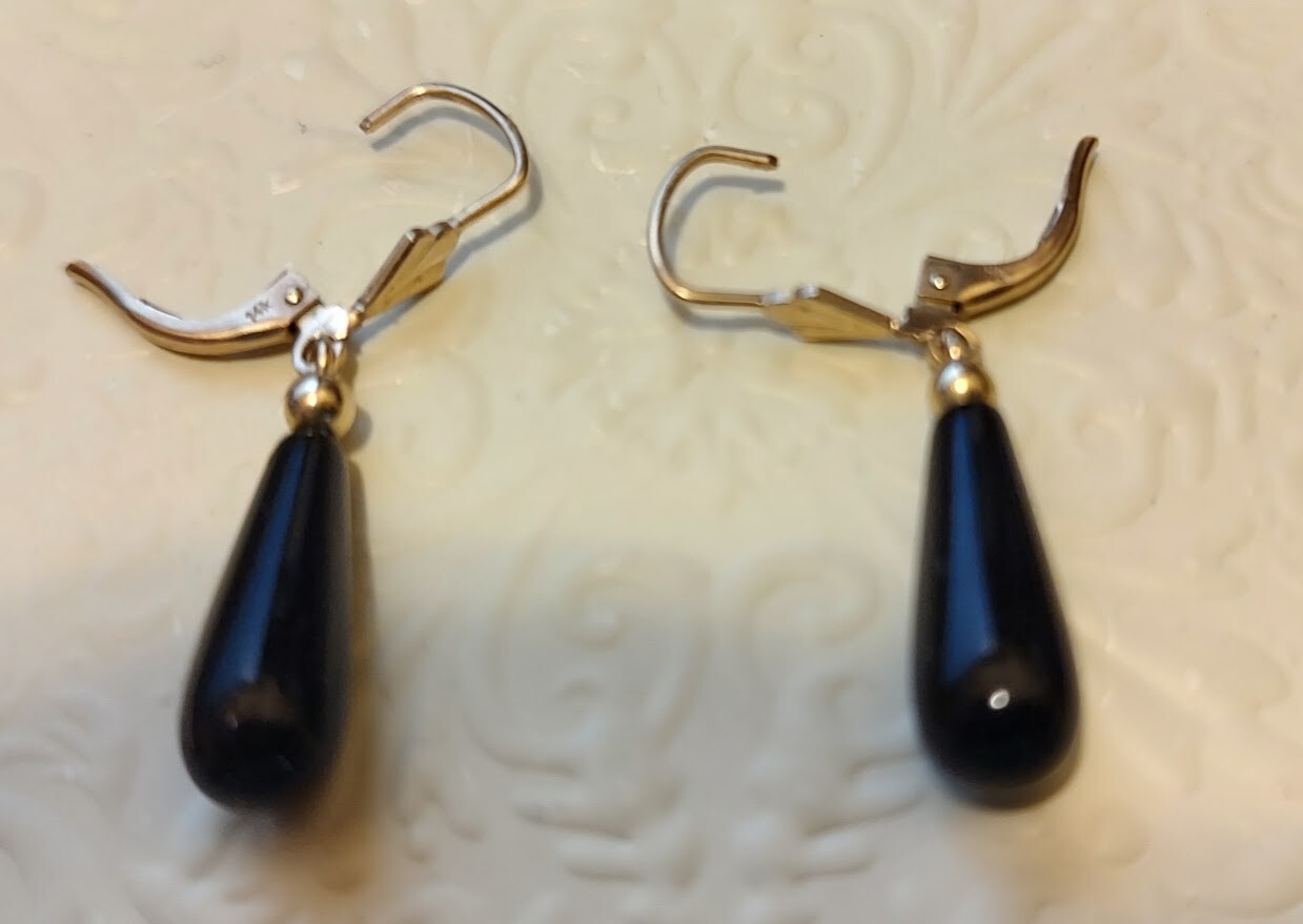 14K Solid Yellow Gold  Drop/Dangle Black Onyx  Ea… - image 2