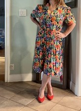 ViNTAGE 80s LiZ ROBERTS BOLD FLORAL PLEAT SECRETARY MiDi DAY S/S SHiRT DRESS L